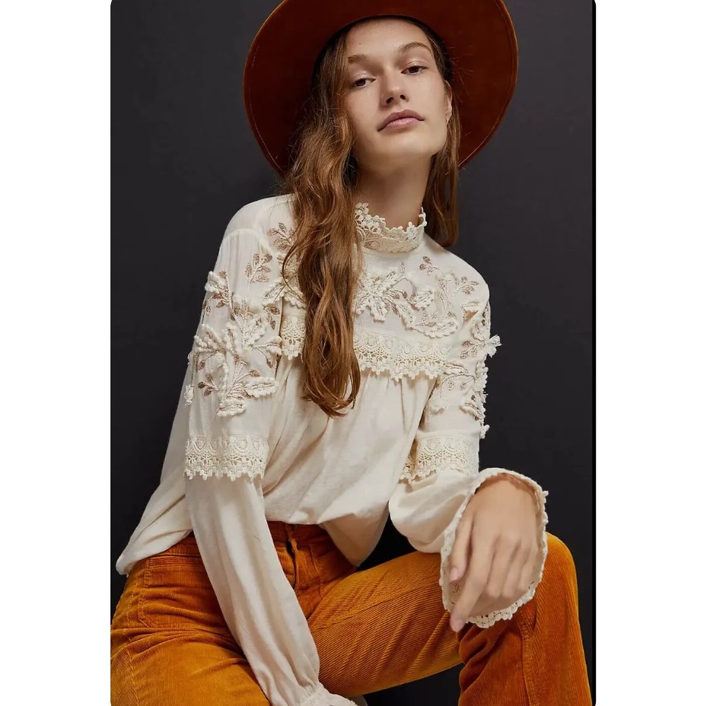 Anthropologie Ivory Lace-Trim Victorian Blouse